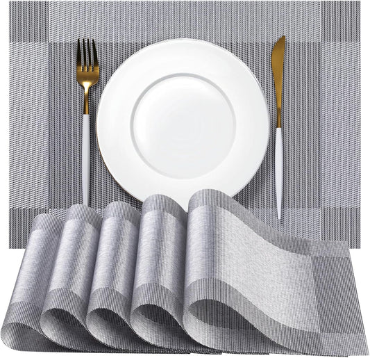 Placemats Set of 12 - Easy Clean Woven Vinyl Placemats for Dining Table, Indoor/Outdoor Place Mats, Washable PVC Table Mats （Silver Cube）