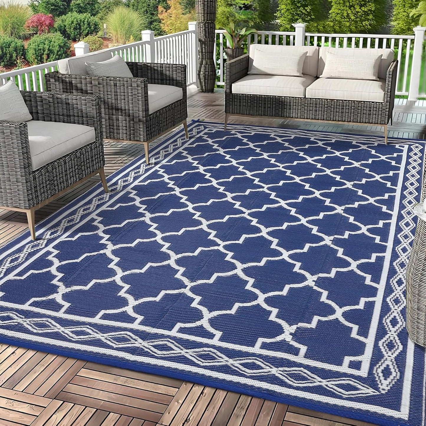 GAOMON Outdoor Rugs Patio Camping Waterproof Rug 6'x9' Plastic Straw Patio Rug Portable for Campers, Outside RVs Mat for Patios Clearance, Backyard Porch, Balcony, Navy/White(Geometric)