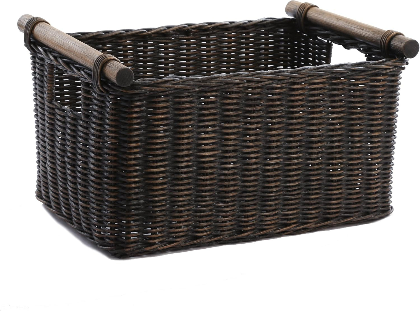 The Basket Lady Pole Handle Wicker Storage Basket, Medium, 16 in L x 12 in W x 8.25 in H, Antique Walnut Brown