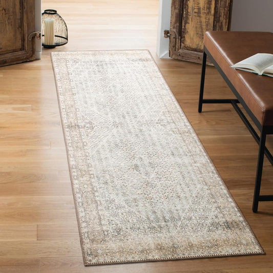 Keen Home Design 2x10 Rug - Machine Washable Runner Rug with Non-Slip Backing, Ideal for Hallway, Entryway, Kitchen, Laundry Room - Vintage, Easy Clean, Durable, Low Pile - (2'6" x 10')