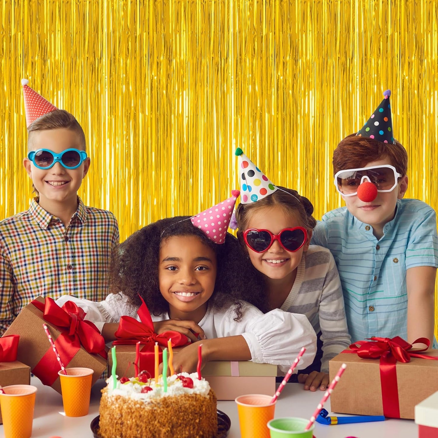 2 Pack Gold Tinsel Backdrop, 3.28 FT x 7.05 FT Metallic Fringe Curtain, Gold Color Graduation Backdrop Party Streamers, Party Supplies Door Decorations for Birthday Anniversaries