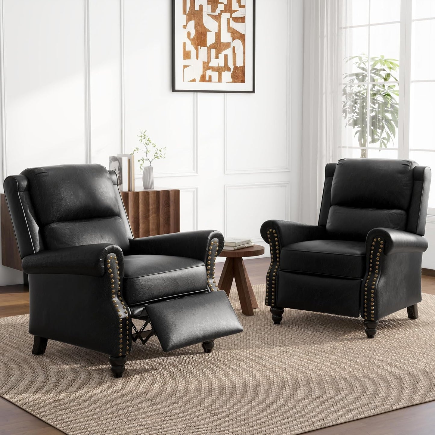 UIXE Pushback Recliner Chairs Set of 2, PU Leather Armchair Push Back Accent Chair, Rivet Trim Club Chair Home Theater Overstuffed Single Sofa Reading Seat for Living Room, Black