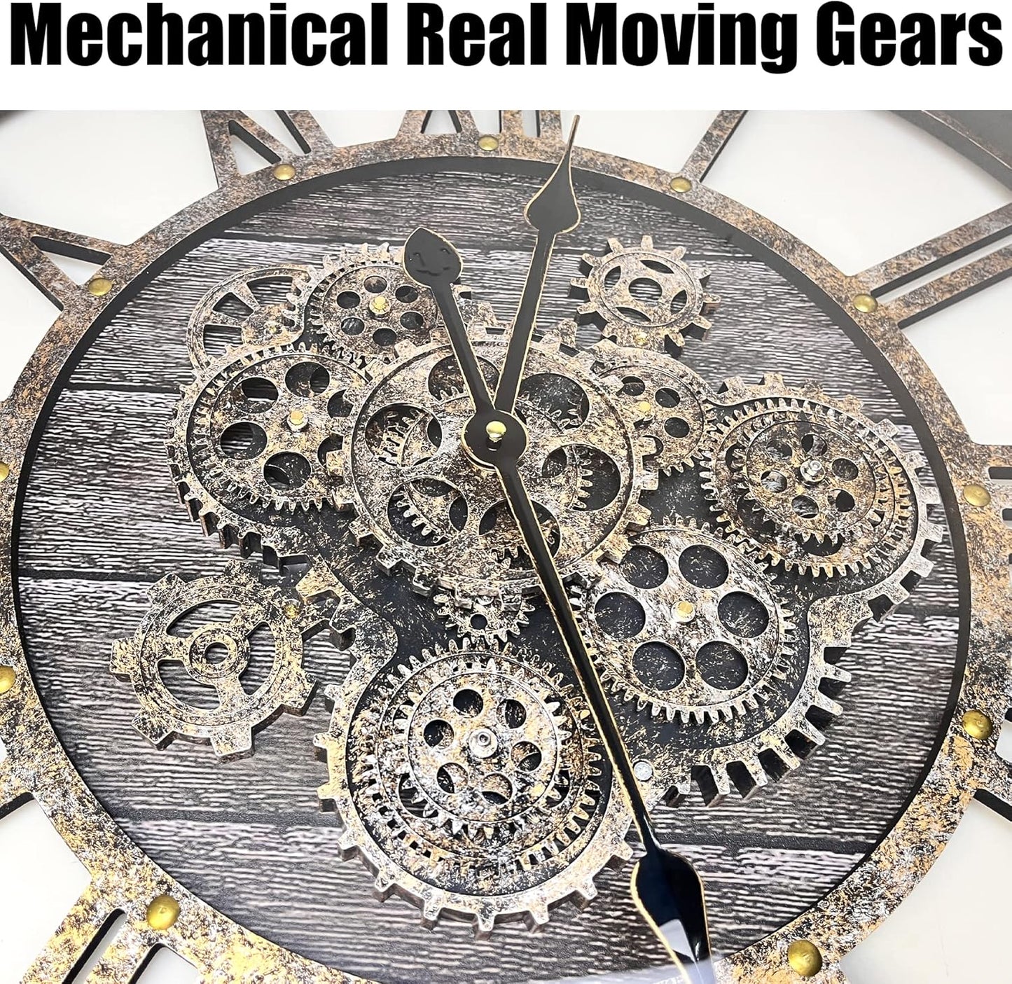 DORBOKER 36" Extra Large Wall Clock with Moving Gears, Oversized Giant Industrial Steampunk Rustic Clocks for Wall Decor Living Room Home Office, Solid Wood Retro Metal,Carbon Grey