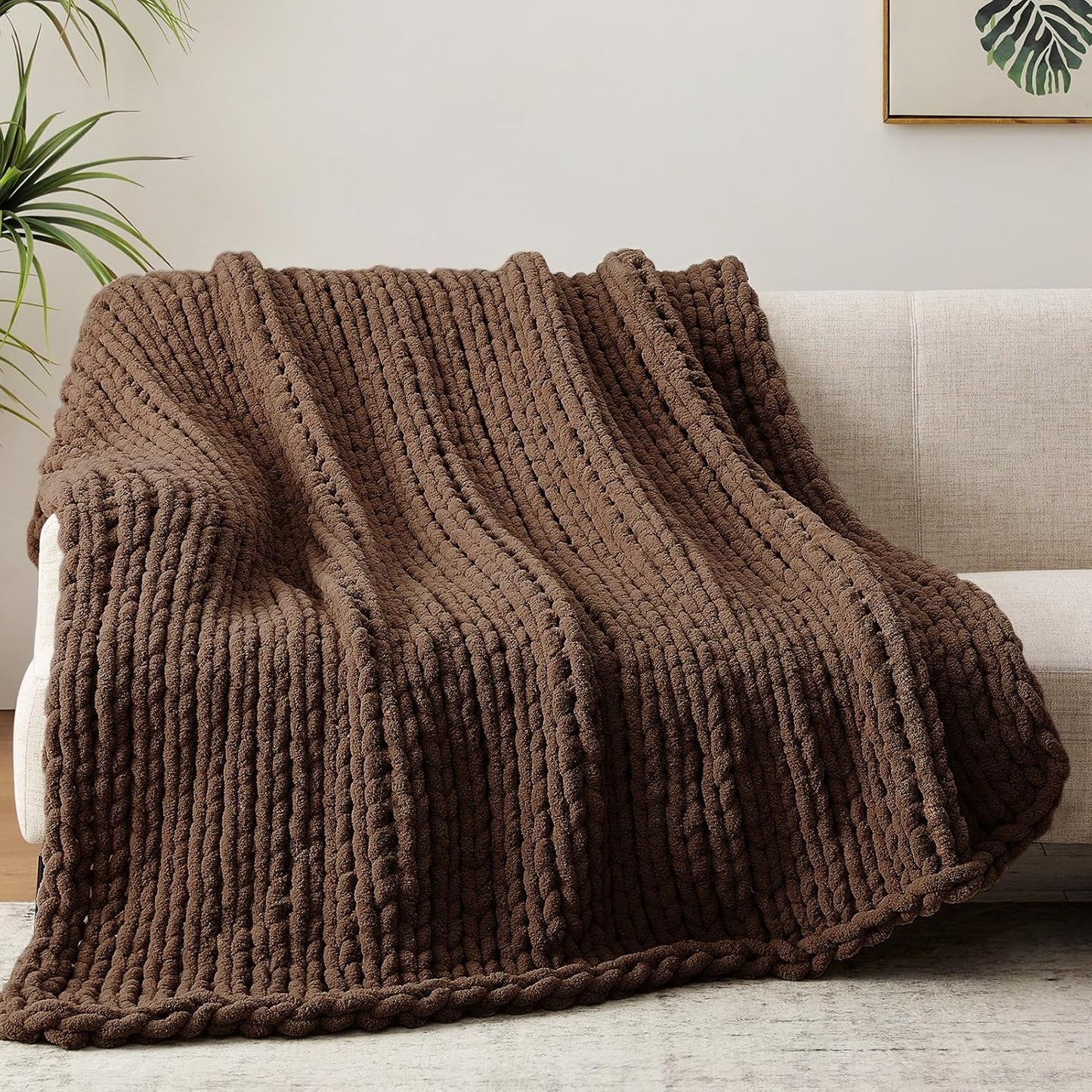 Chunky Knit Throw Blanket, 40''*50'' Knitted Throw Chenille Yarn for Bed Couch, Handmade Dark Brown Crochet Big Thick Blanket, Machine Washable Cute Comfy Blanket for Home Decor