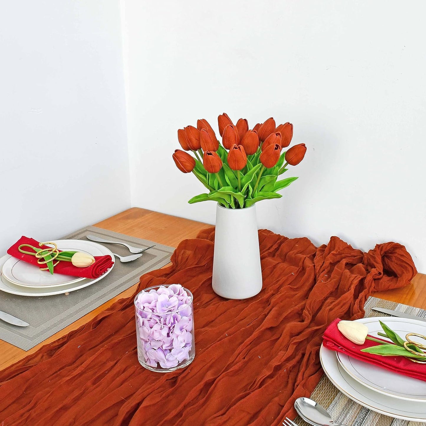 Mandy's Artificial Tulips 20 Stems Dark Orange PU Faux Flowers for Wedding Home Decor 13.5 Inch