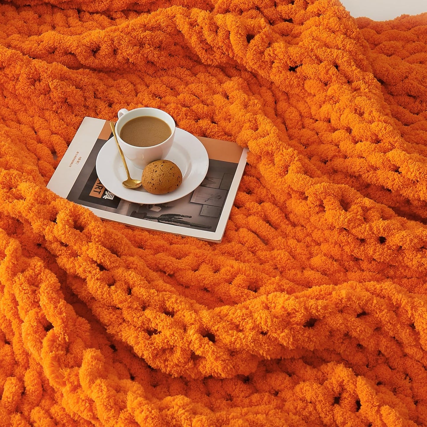 L'AGRATY Chunky Knit Blanket Throw: 30''x40'' Chenille Thick Knitted Throw for Bed & Couch - Handmade Large Crochet Rope Blanket - Orange
