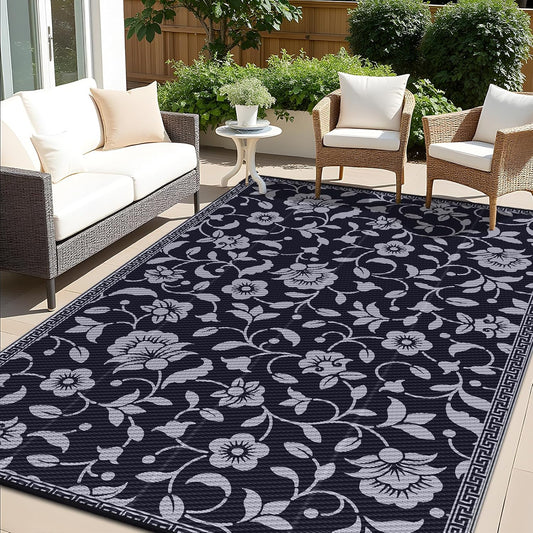 OLANLY Waterproof Outdoor Rug 6x9 ft, Outdoor Plastic Straw Rug with Flower Pattern, Reversible RV Mat for Patio, Camping, Balcony, Deck, Backyard, Black & Grey