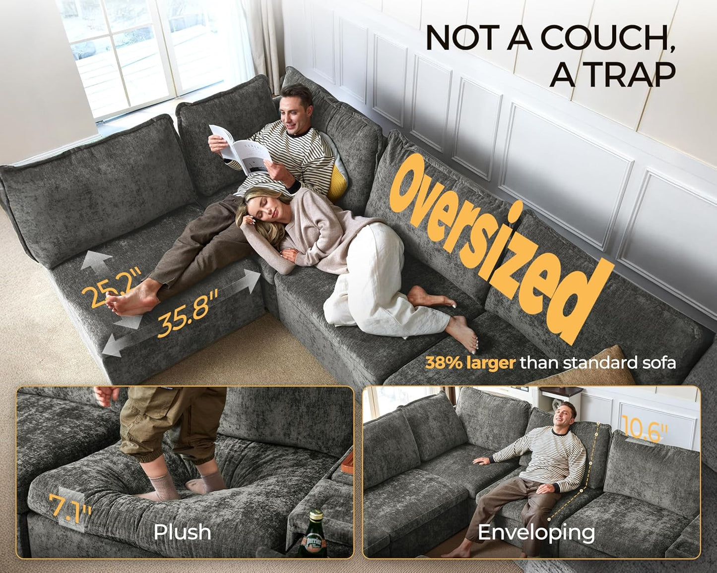 Oversized Modular Sofa Comfy Cloud Couch with Storage, Extra Deep Plush Sectional Sofa Set for Living Room, Covers Washable, Chenille, Olar (Grey, 6-Seater with 3 Ottomans, Sleeper)