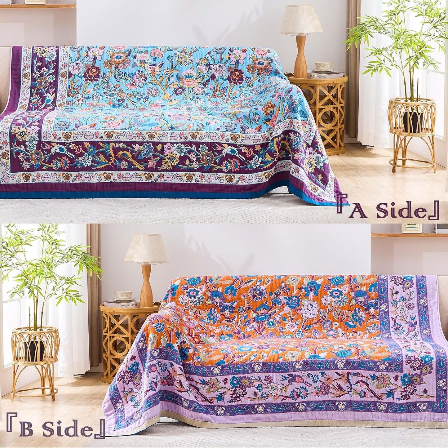 Fall Blanket for Bed, 100% Cotton Soft Rustic Boho Throw Blanket Quilt, 80"x90" Farmhouse Decor Bed Flower Blankets, Light Weight Reversible Bohemian Throw Quilt