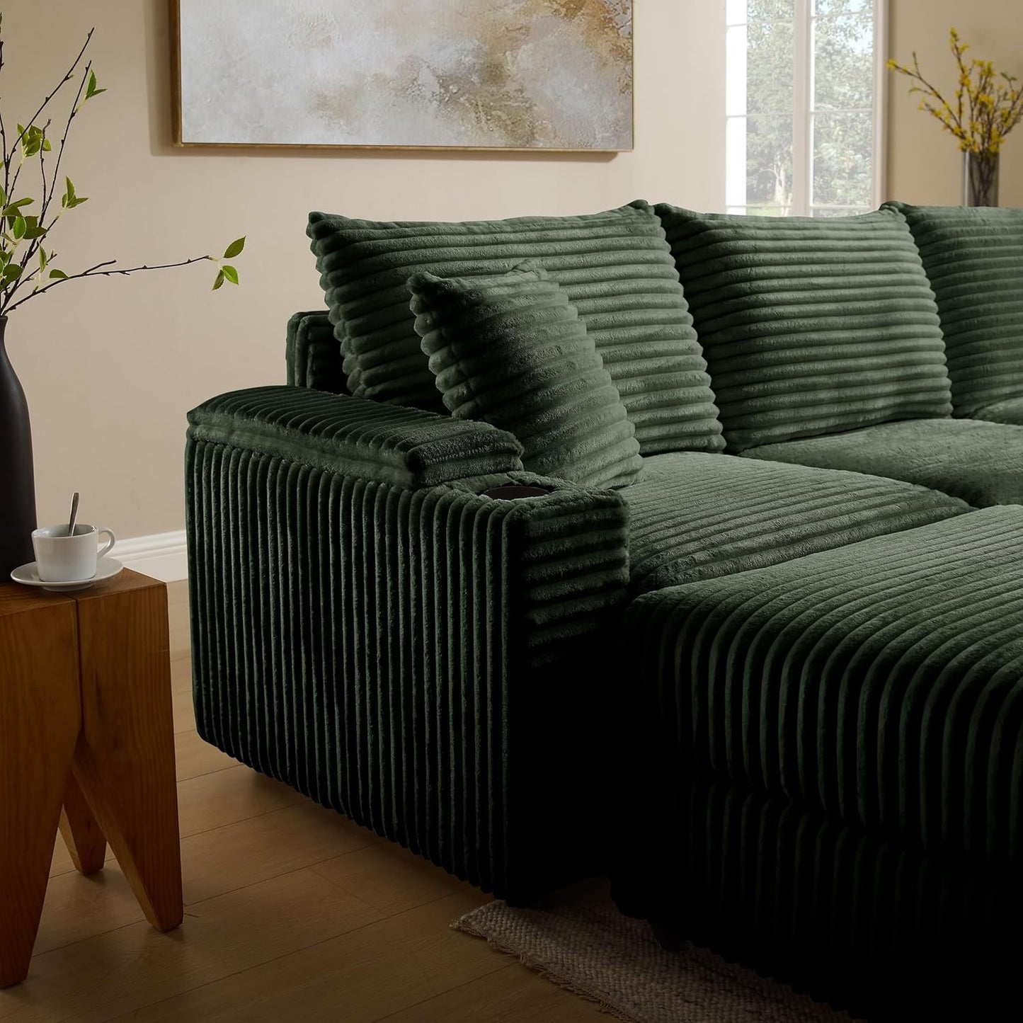 Modular Sectional Sofa Couch, Plush Corduroy Fabric Sectional Couches for Living Room with USB Charging Ports, Phone Holders, and Multi-Functional Storage Armrests (Green, 3set+1ottoman)