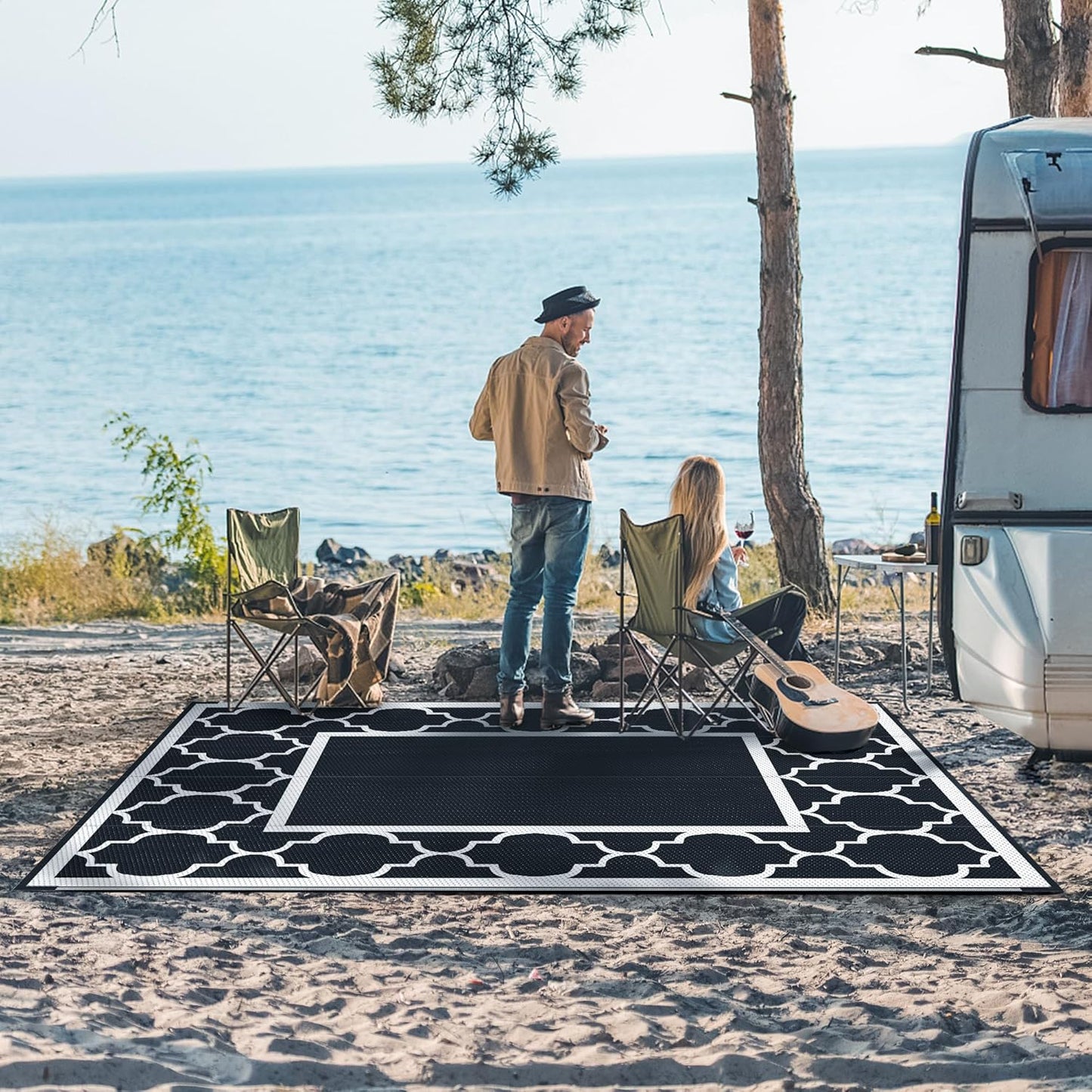 GENIMO 5' x 8' Outdoor Rug Waterproof for Patio Decor, Foldable Reversible Plastic Straw Area Rugs Mat for Camper, Outside Carpet for Rv, Deck, Porch, Picnic, Beach, Balcony, Black & White