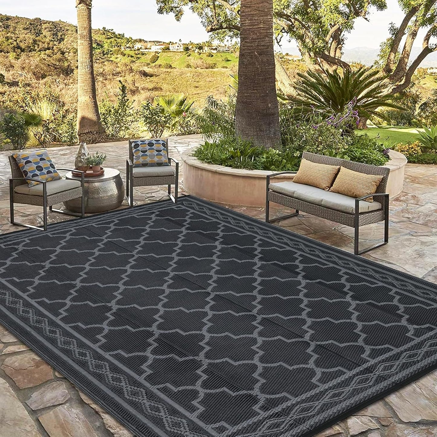 GAOMON Outdoor Rug Waterproof 8'x10', Reversible Outdoor Plastic Straw Rug, Boho Patio Rug, Indoor Outdoor Carpet, RV Mat Outside for Patio, Camp, Picnic, Balcony, Deck, Black/Grey(Geometric)