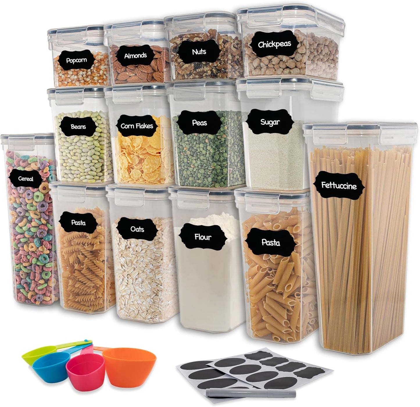 Airtight Food Storage Containers Set - 14 Piece Pantry Kitchen Organizers and Storage Set with Lids, Cabinet Organizing Canisters for Cereal, Flour, Sugar, Dry Foods - with Labels and Marker