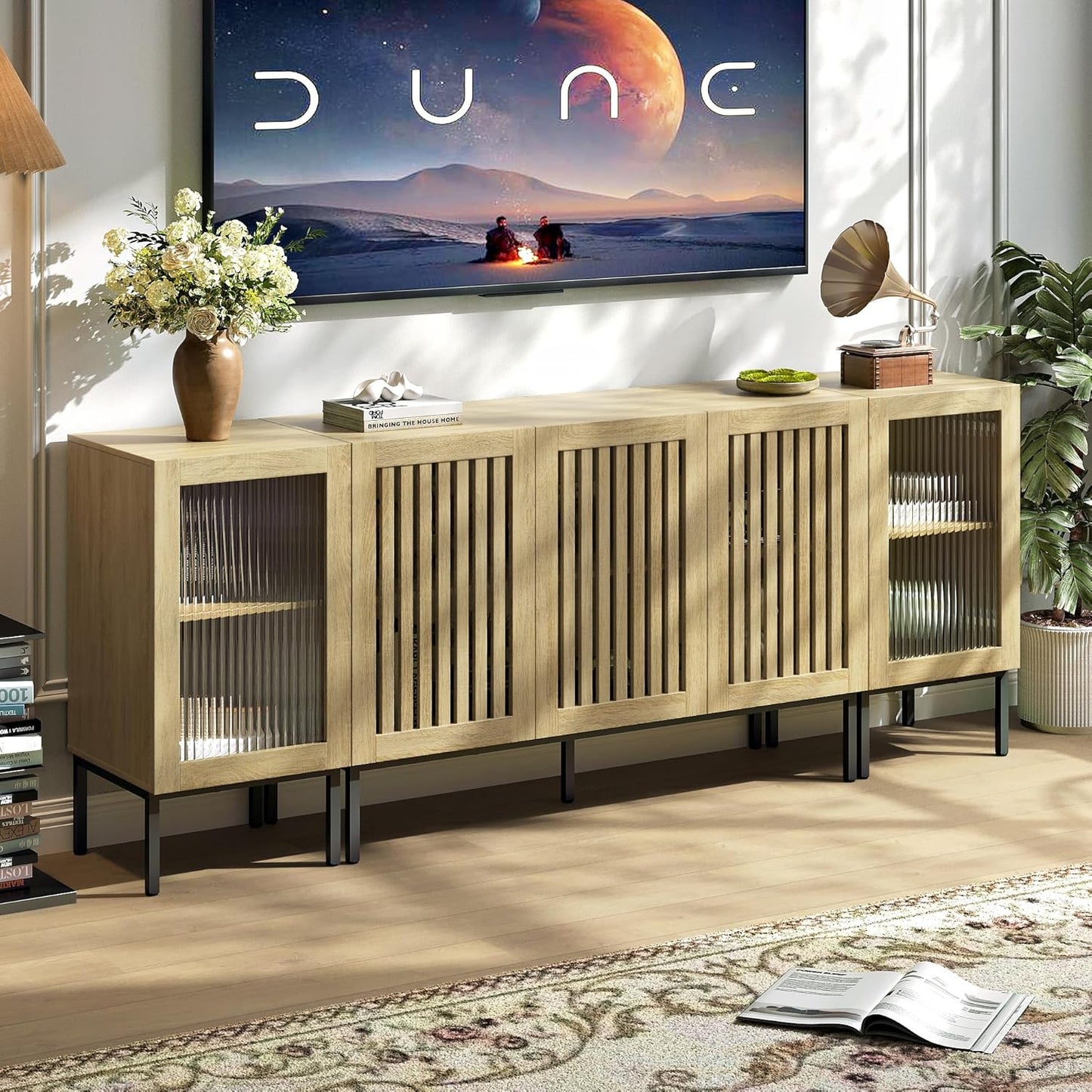 Farmhouse TV Stand for TVs up to 85 Inch, Entertainment Center TV Console with Storage Cabinets and Glass Doors, Media Console for Living Room,Oak