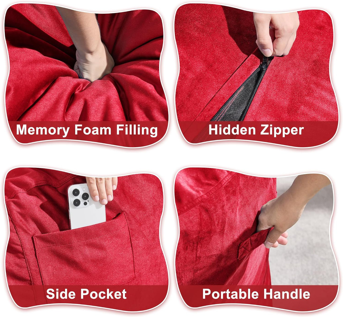 Hobestluk 6FT Bean Bag Chair Bean Bag Chairs for Adults Giant Bean Chairs with Velvet Cover, Memory Foam BeanBag Chair Fluffy BeanBag Chairs for Living Room, Bedroom- Red (70" x 70" x 15")