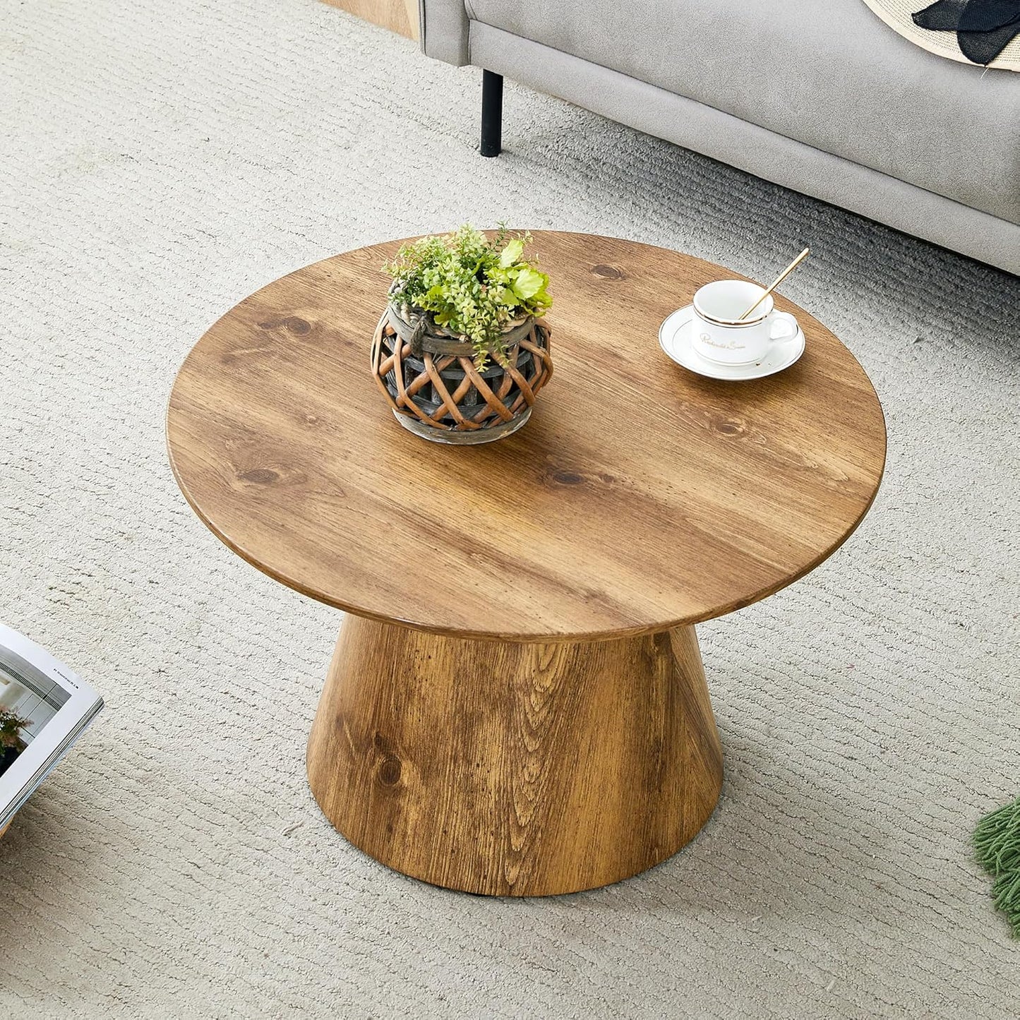 WILLIAMSPACE Round Coffee Table with Wooden Base, Modern Wood Small Circle Coffee Table Center Table with Natural Wood Grain Surface, Accent Side End Table for Living Room Apartment, φ25.6