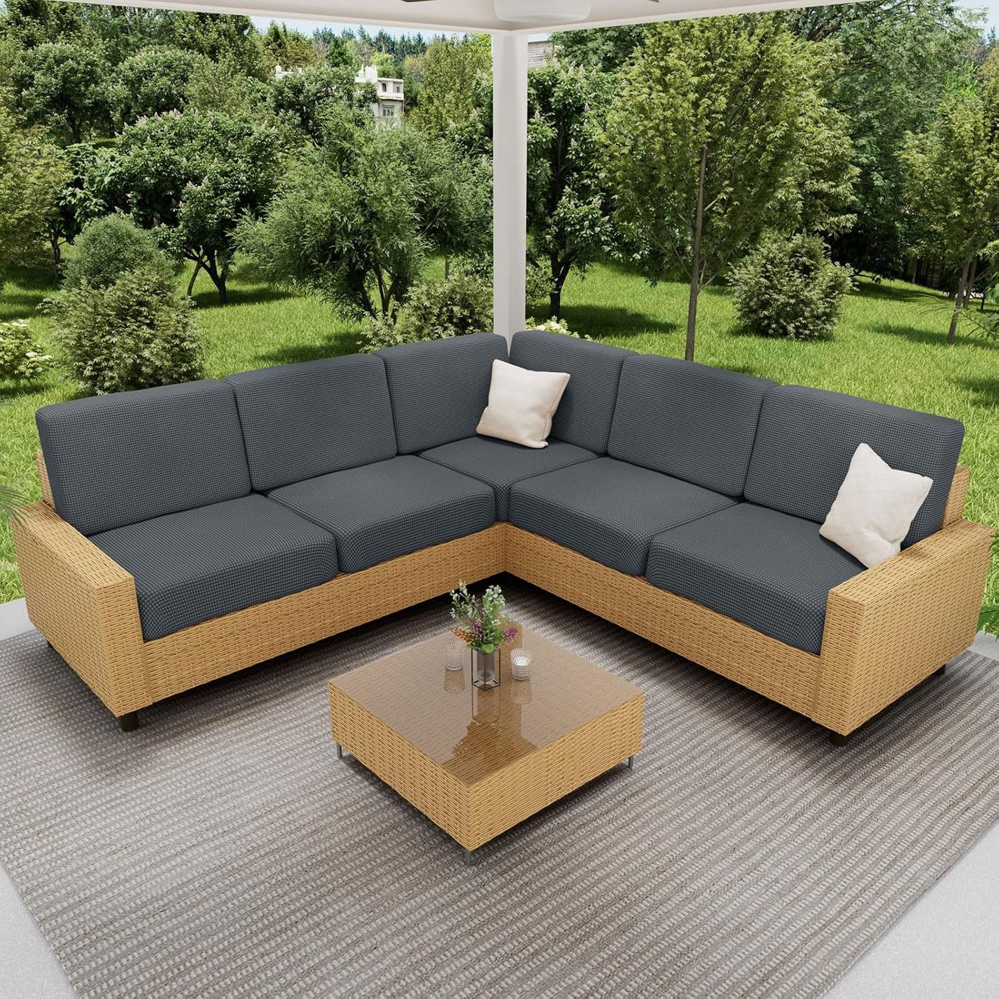 hyha Waterproof Couch Cushion Covers, Sectional Sofa Cushion Slipcovers L Shape, Thick Stretch Jacquard Fabric, Washable Chaise Lounge Cover with Elastic Bottom (1 Piece for Chaise, Grey)