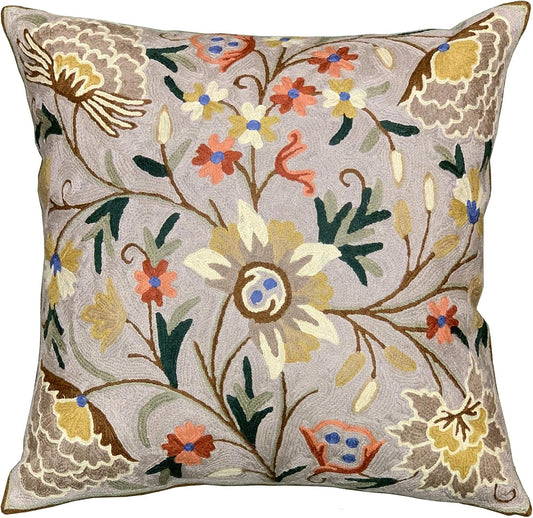 Beige Floral Pillow Cover Taupe Flower Traditional Hand Embroidered Pillowcase Traditional Outdoor Cushion Suzani Couch Flowery Needlepoint Chair Cushion Wool Size - 18x18