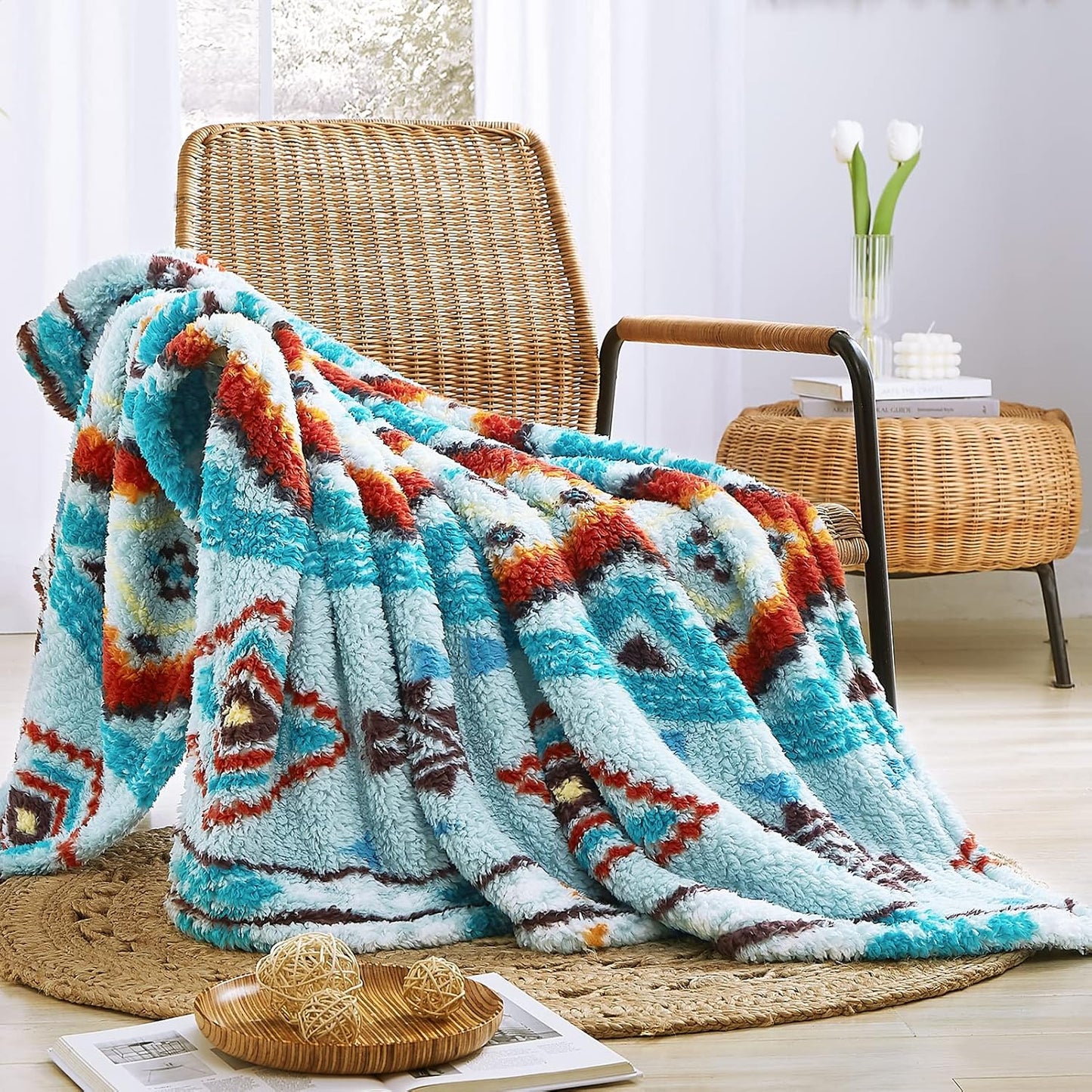 CASAAGUSTO Boho Sherpa Throw Blanket, Aztec King Size Blanket, Ultra Soft, Warm, Cozy, Plush, Thick Fleece Bohemian Throw Blanket for Couch, Bed, Sofa (Aqua 108 * 90 Inch)