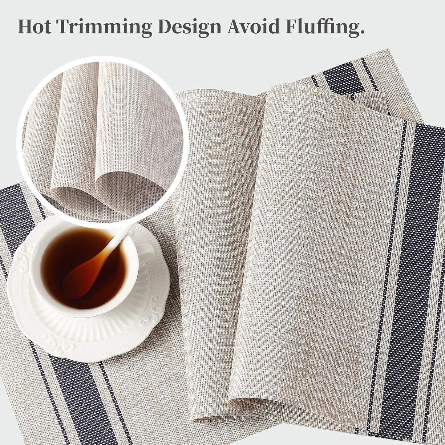 Leetaltree Khaki-Blue Placemats, Heat Resistant Non-Slip Place mats for Dining Table, Washable Durable PVC Vinyl Woven Table Mats (Set of 6)