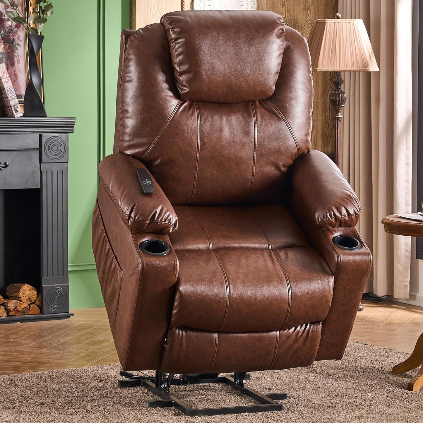 SALOHZA Power Lift Recliner Chair for Elderly with Massage and Heat for Living Room, Electric Recliner Chair for Adults with USB/Type C Port/Cup Holders, PU Faux Leather, Dark Brown