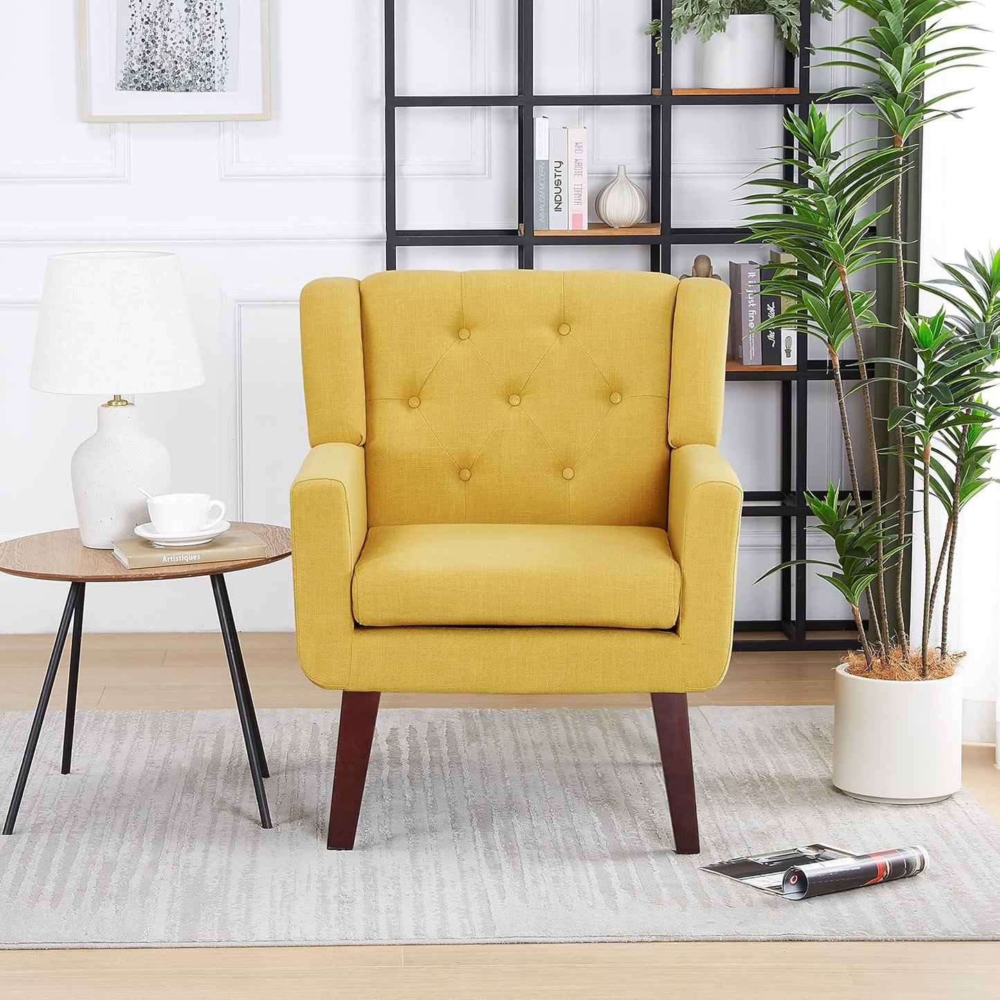 Accent Chairs Set of 2, Button-Tufted Upholstered Living Room Chairs Set of 2, Comfy Reading Chair Mid Century Modern Chairs with Linen Fabric Lounge Arm Chairs for Bedroom (Bright Yellow)