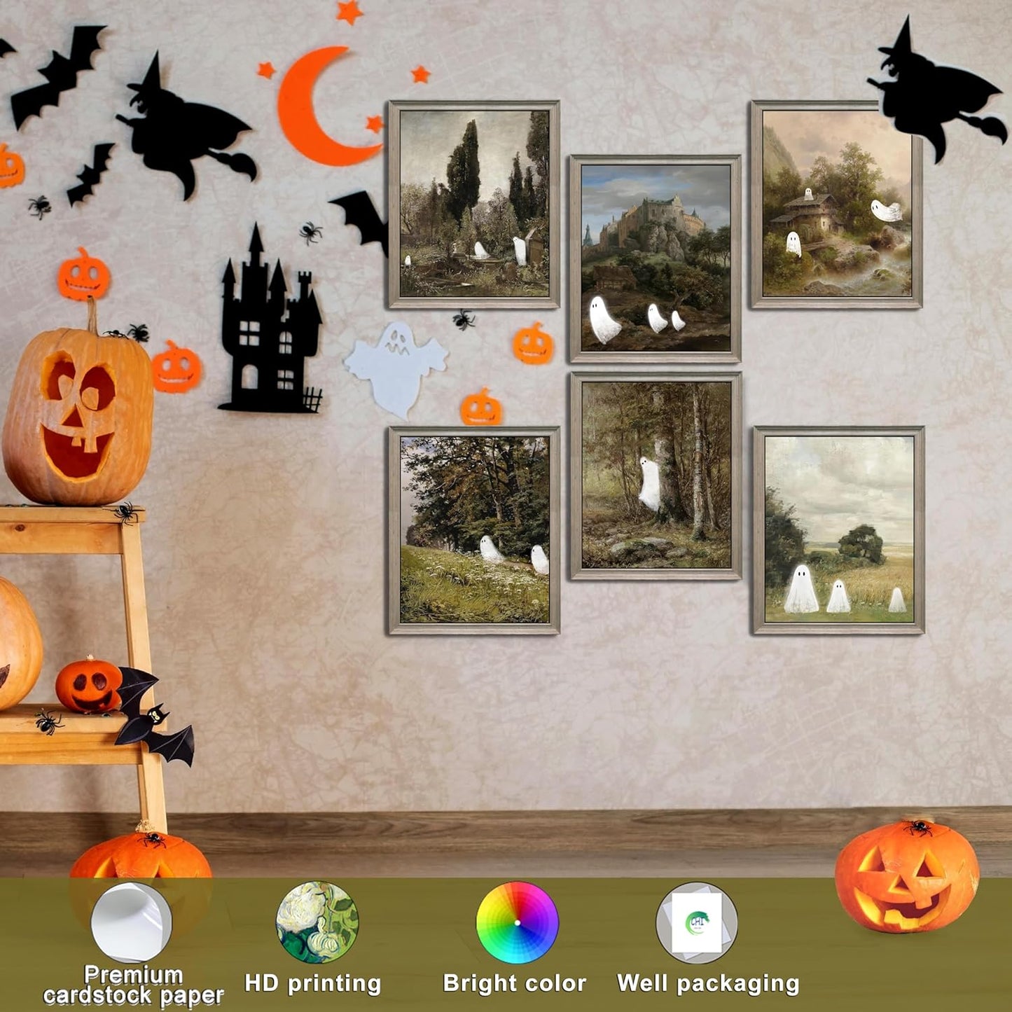 LANCHI95 6 Pcs 8x10in Halloween Wall Art Prints, Vintage Posters, Cute Ghost Pictures for Bedroom Decor (UNFRAMED)