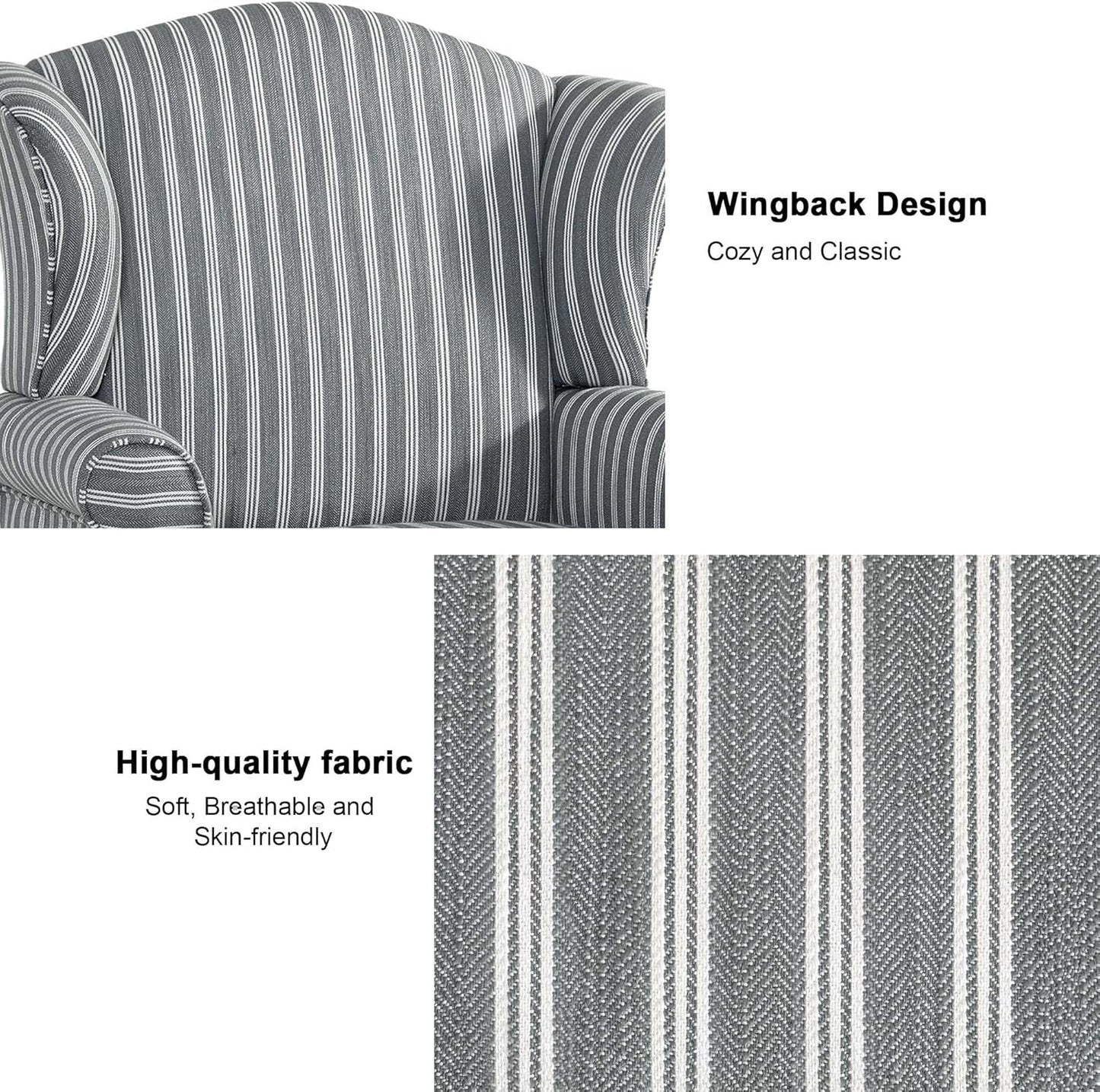 Accent Chair, High Back Upholstered Armchair with High Resilience Sponge & Wood Legs, Mid-Century Modern Comfy Single Sofa Reading Chairs for Living Room, Bedroom (Stripe Grey, Set of 2)