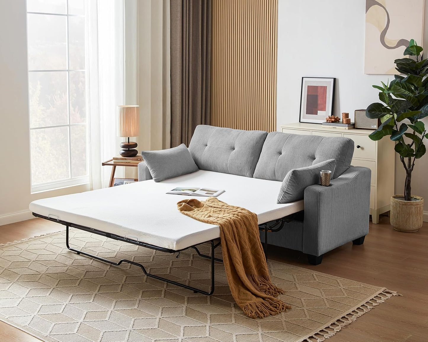 CHIC HOUSE Pull Out Sofa Bed, Full Size Sleeper Sofa, 2-in-1 Convertible Corduroy Couch with USB Charging, Memory Form Couch for Living Room, Apartment and Small Space (Grey, Corduroy - Queen Size)