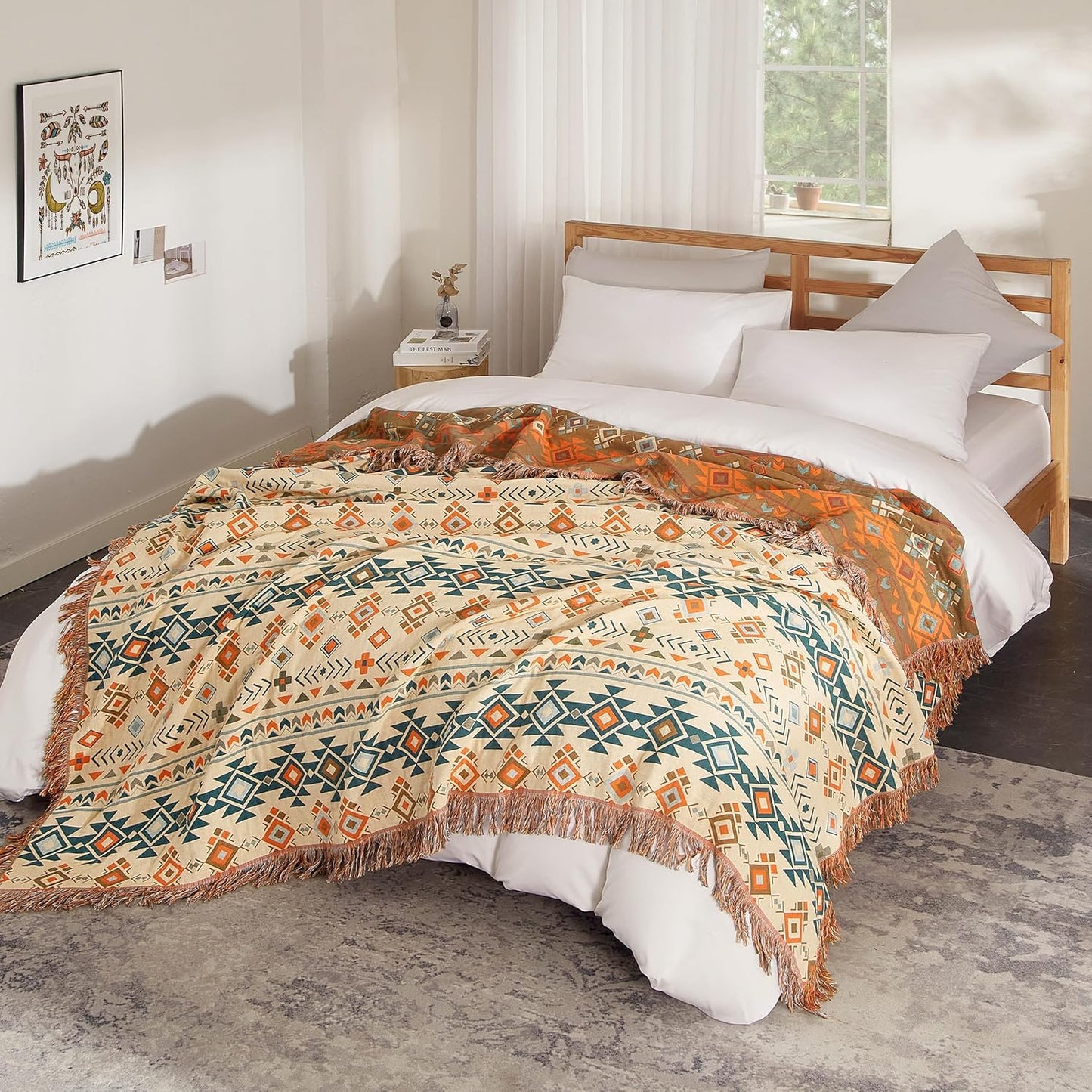 Boho Throw Blanket for Bed 60”x80”, 100% Cotton Woven Blanket for Couch Sofa, Ultra Soft 4-Layer Muslin Quilt with Diamond Pattern, Farmhouse Bed Blanket/Cover for Living Room Decor