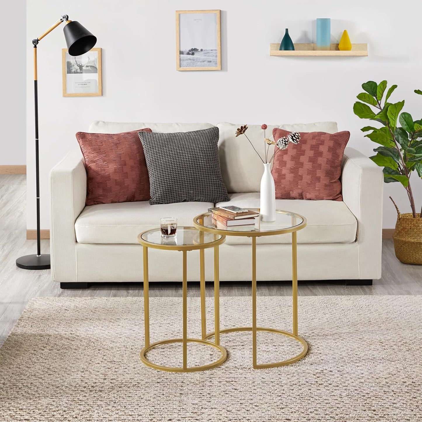 Yaheetech Round Nesting Side Table Stacking Coffee Table, Set of 2 Circular End Tables w/Metal Frame & Tempered Glass Top & Protective Foot Pads for Small Space Living Room Office, Mustard Gold