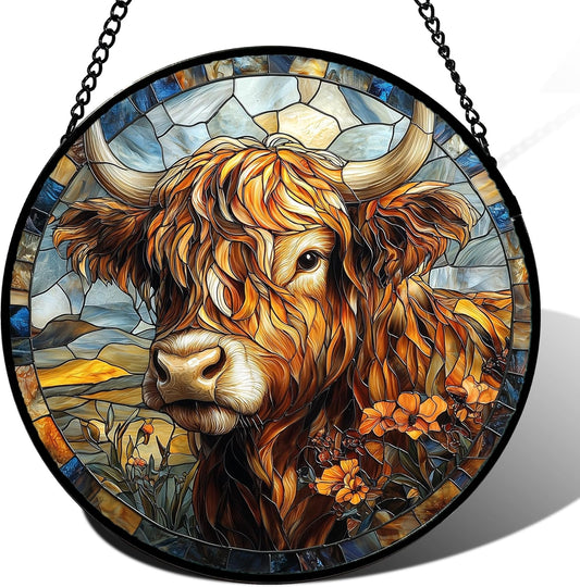 Stained Glass Window Hanging - Funny Cow Flower Suncatcher Ready to Hang Window Doors Home Decoration and Christmas, Mother's Day Birthday Gifts for Women, Men, and Mom 14.9x14.9 in