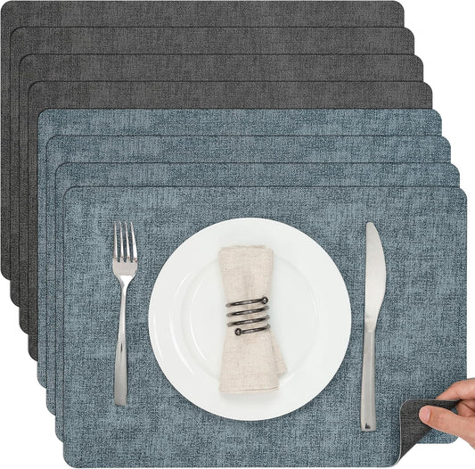 Myir JUN Dual Sided Placemats, Faux Leather Set of 8 for Dining Table, Non-Slip Washable Heat Resistant Indoor Outdoor Table Mats (Gray Light Blue)