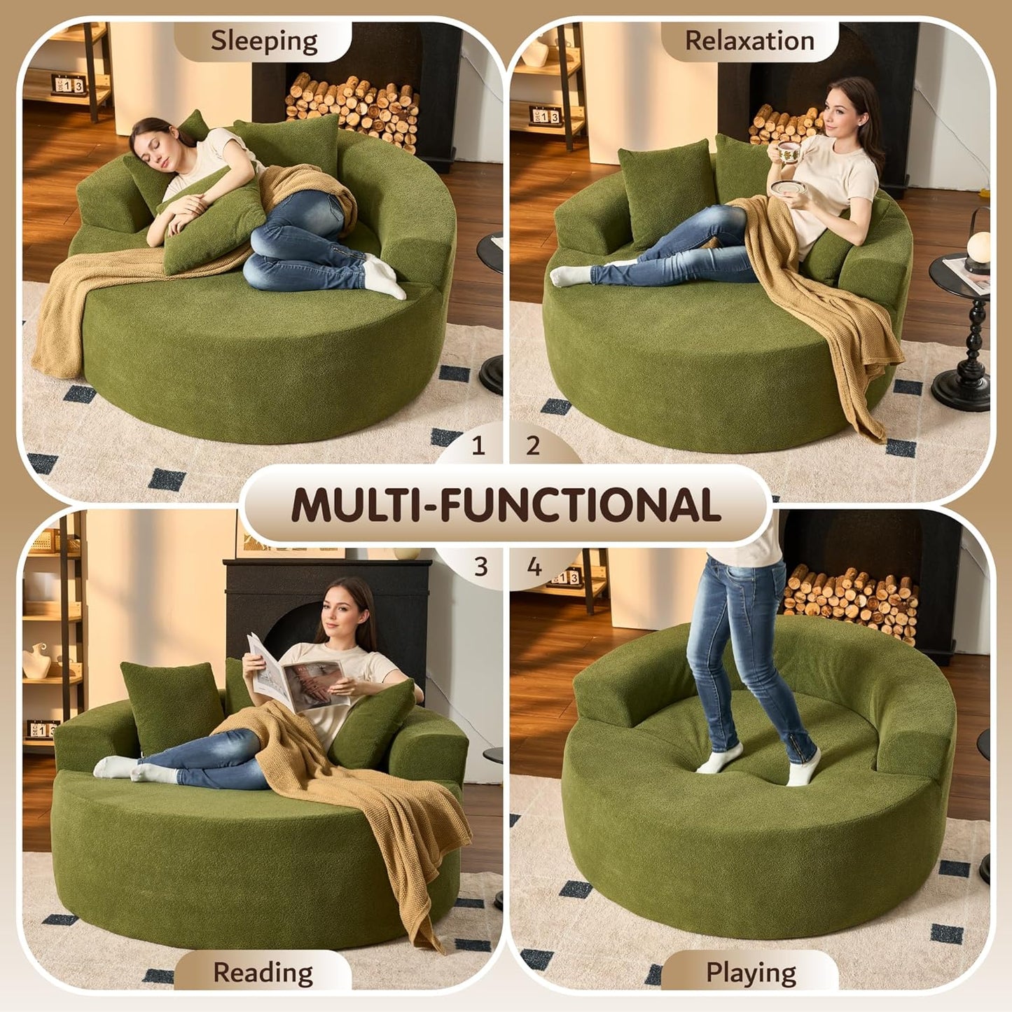 ovios 58" Oversized Round Chair Lounge Chaise Indoor, No Assembly Required, Cloud Large Circle Chair with Plush Fuax Fur, Fluffy Modern Sleeper Sofa Bed for Reading Yoga, Green (Cloud Velvet)