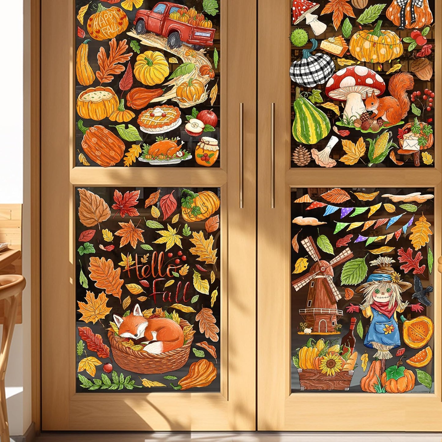 Fall Window Clings Decorations - Leaves Pumpkin Scarecrow Autumn Clings for Glass Windows, Double Sided Reusable Window Stickers, Cute Large Thanksgiving Harvest Window Decals-184 PCS/9 Sheet