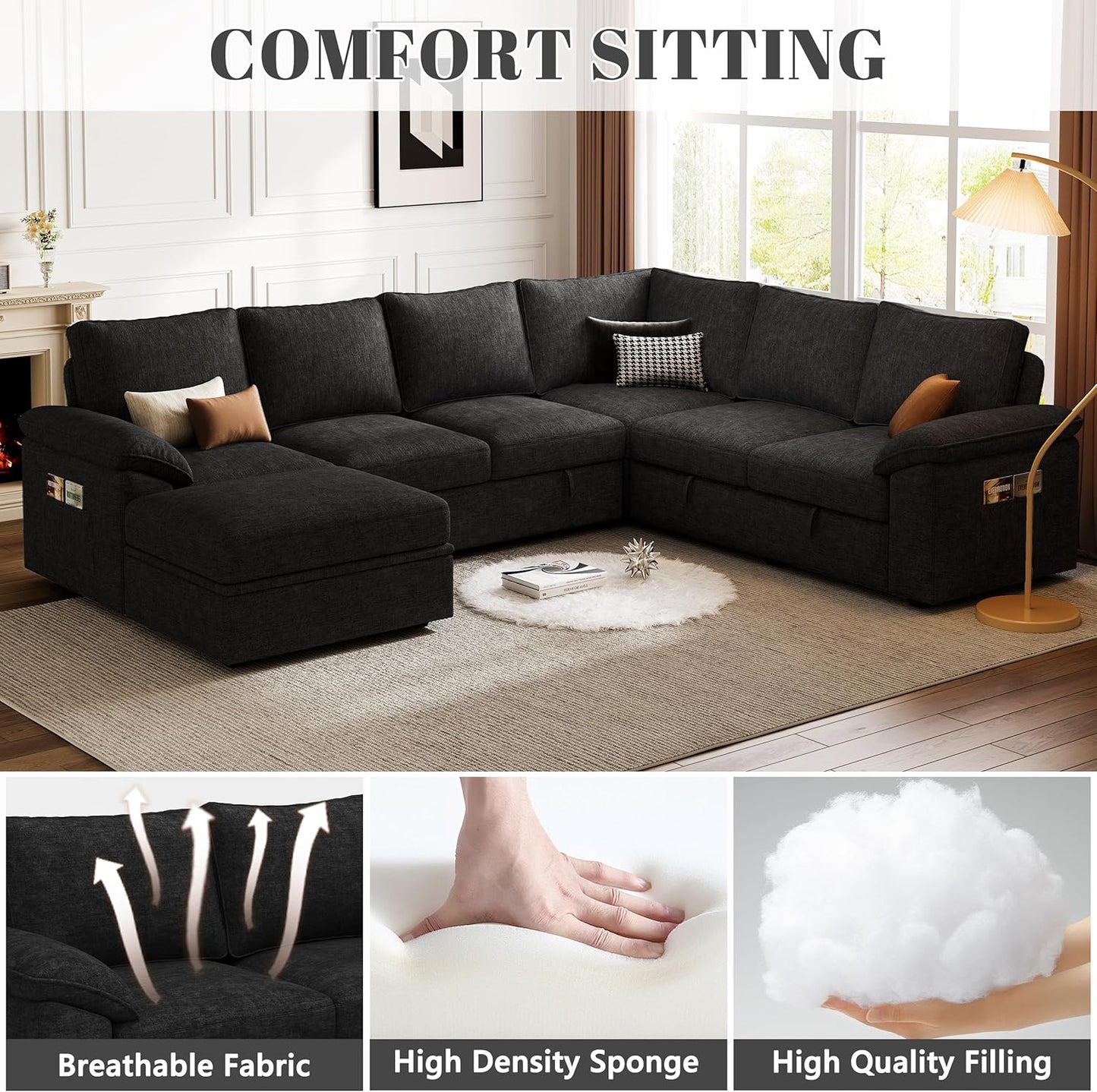 108 Inch Modular Sectional Sofa with Pull Out Bed,U Shaped 7 Seat Sectional Sleeper Sofa with Storage,Sectional Couches for Living Room,Cloud Modular Couch,Removable Sofa Cover,Black