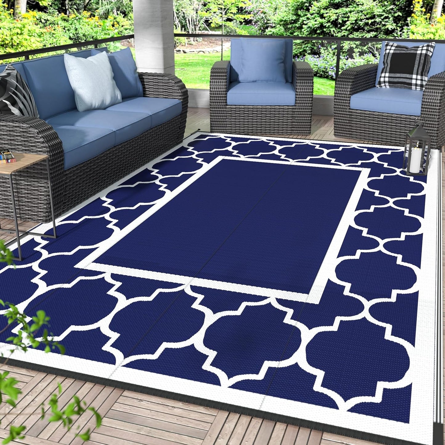 GENIMO 6' x 9' Outdoor Rug Waterproof for Patio Fall Decor, Foldable Reversible Plastic Straw Area Rugs Mat for Camper, Outside Carpet for Rv, Deck, Porch, Picnic, Beach, Balcony, Blue & Grey