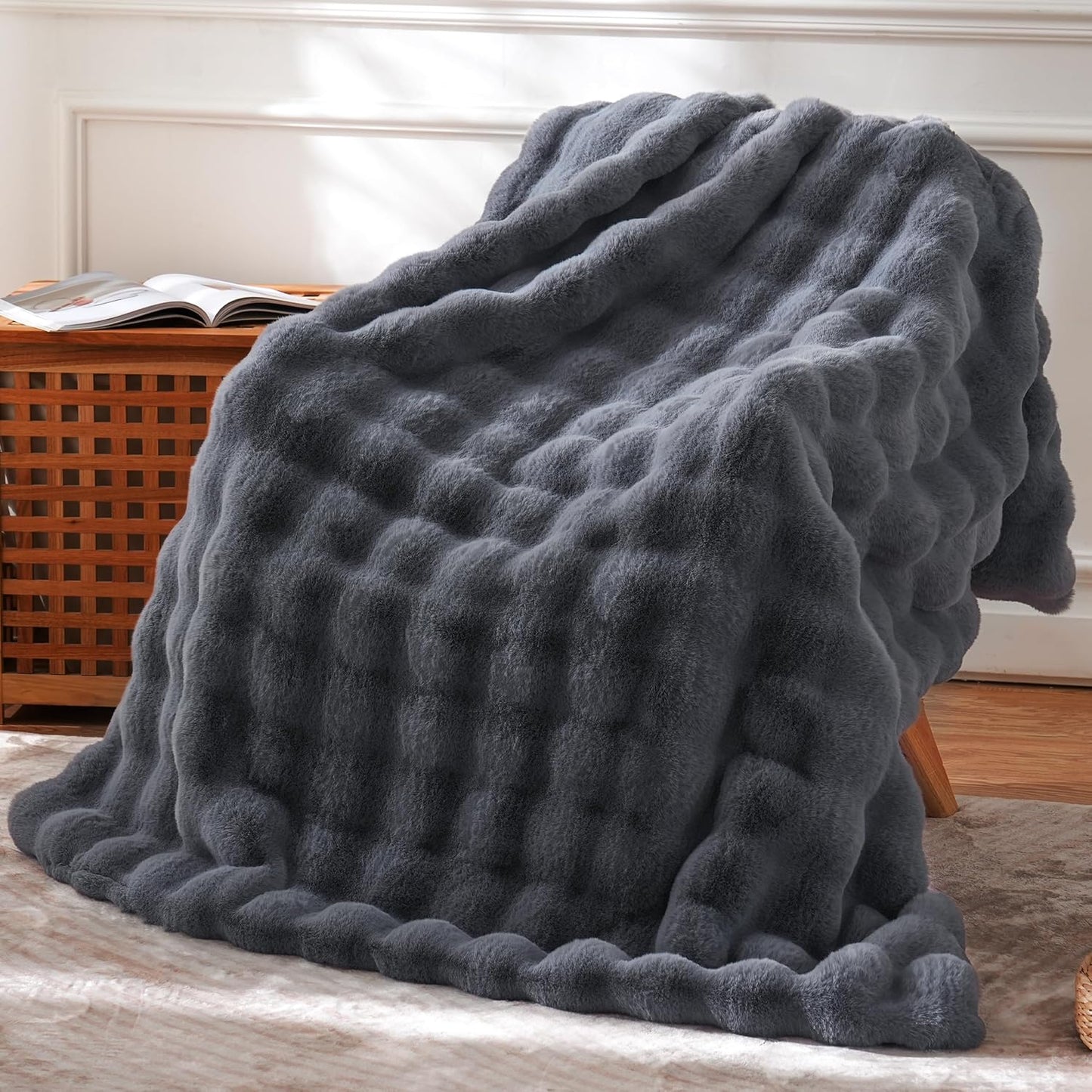 BENVWE Faux Fur Throw Blanket for Couch – Cozy Fuzzy Soft Plush Fluffy Thick Luxury Minky Bubble Blanket for Living Room Home Decor – Fathers Day Birthday Gifts for Women and Men, Grey, 51" x 63"
