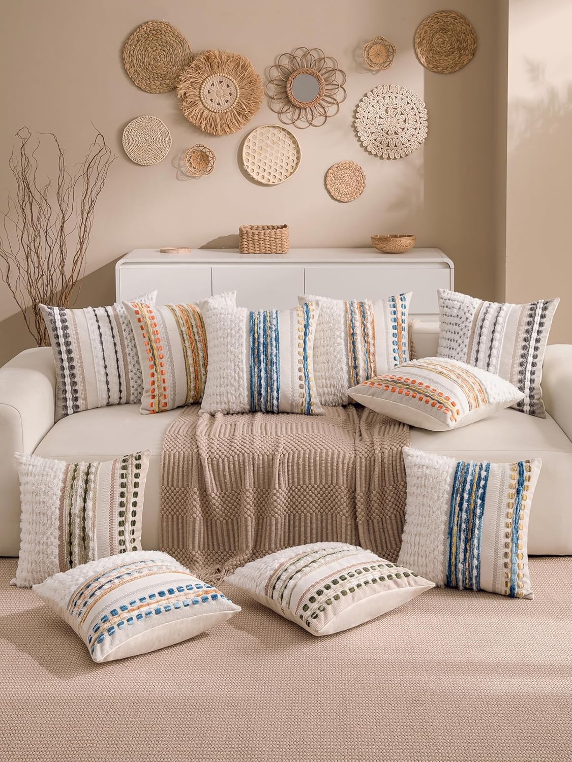 Boho Chenille Tufted Couch Throw Pillow Covers 18x18 Inch Set of 2 Farmhouse Striped Decorative Pillow Covers Accent Neutral Square Pillowcase Blue Cushion Covers for Livingroom Sofa Bed