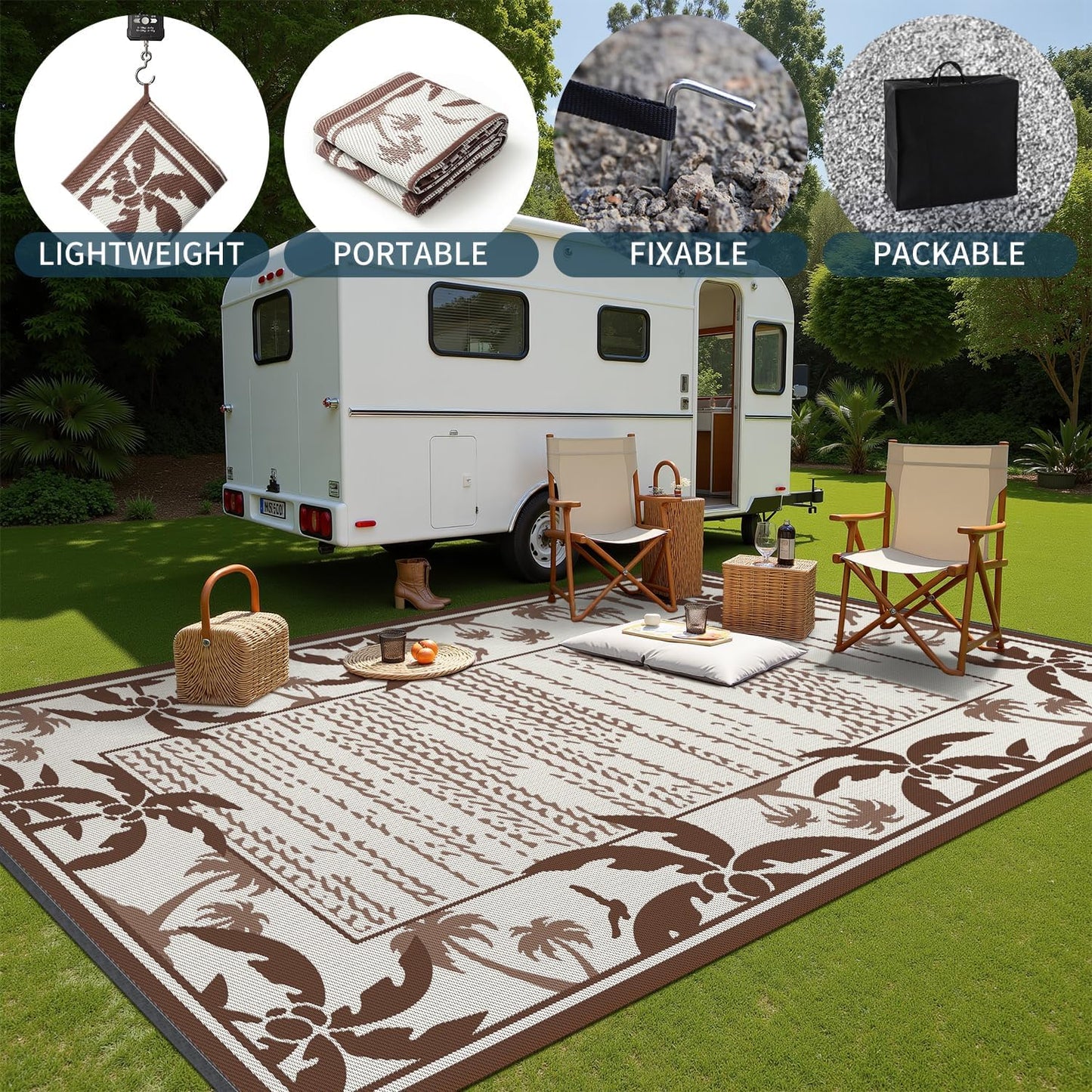 COCOER Outdoor-Rug 8x10 ft Waterproof Reversible Outdoor Plastic Straw Rug RV Indoor Outdoor Carpet Quick Dry Patio Rug Camping Mat for Balcony Backyard Picnic Beach-Brown&Beige