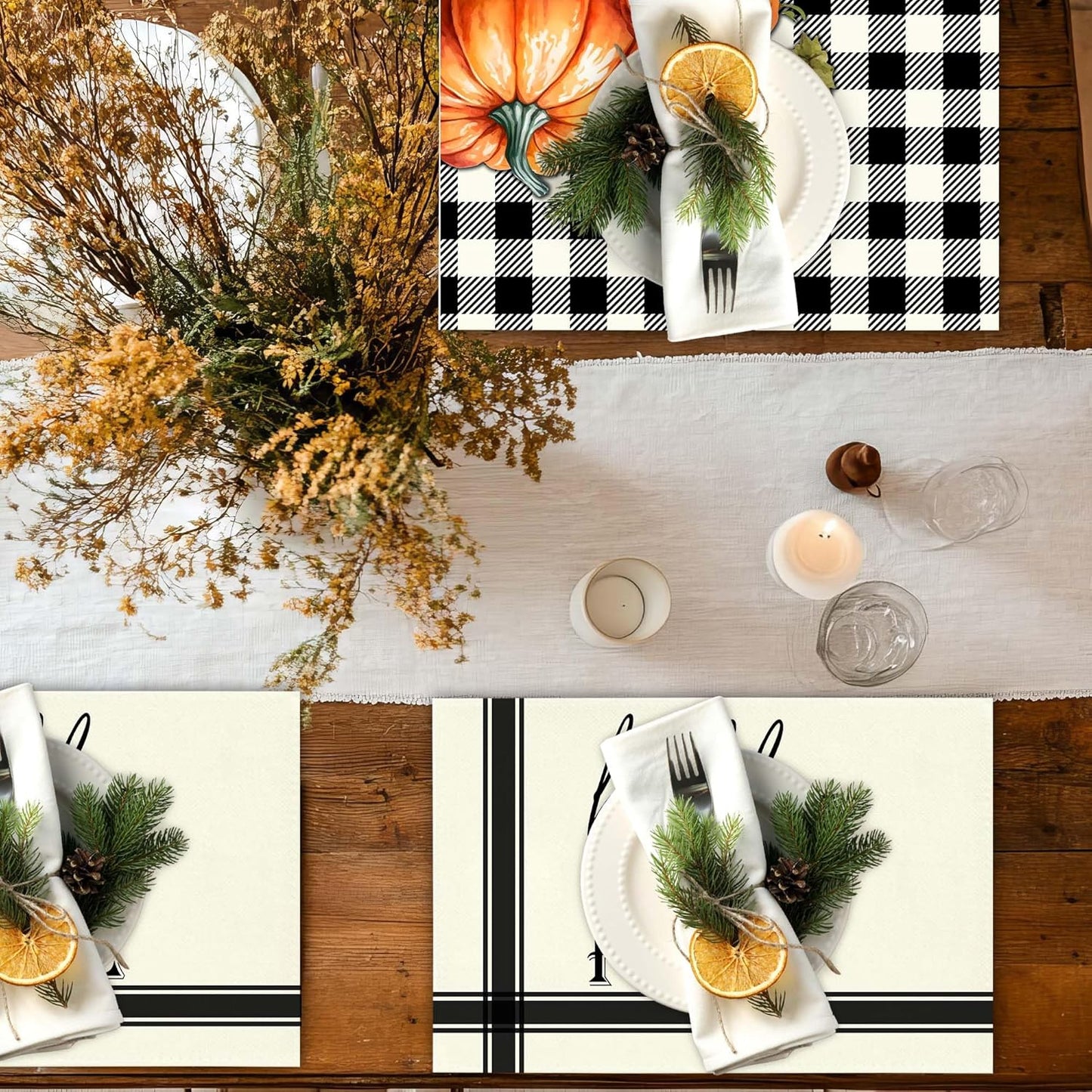 Hello Pumpkin Placemats Set of 4, 12x18 Inch Black Fall Buffalo Plaid Table Mats, Washable Heat Resistant Place Mats for Kitchen Dining Table, Autumn Home Farmhouse Decor-B02