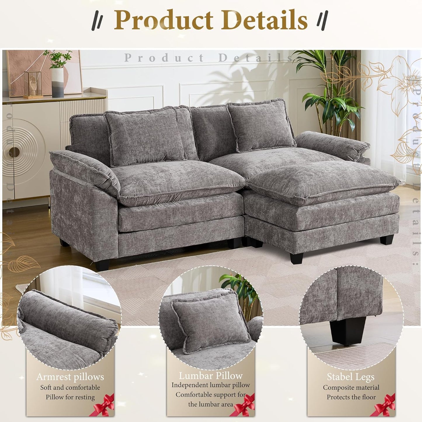 URRED Modular Sectional Sofa Comfy Cloud Couch, Modern Chenille Sofa Sleeper Deep Seat Couches with Ottoman/Pillows for Living Room (Gray, 82.6''- L Shape)