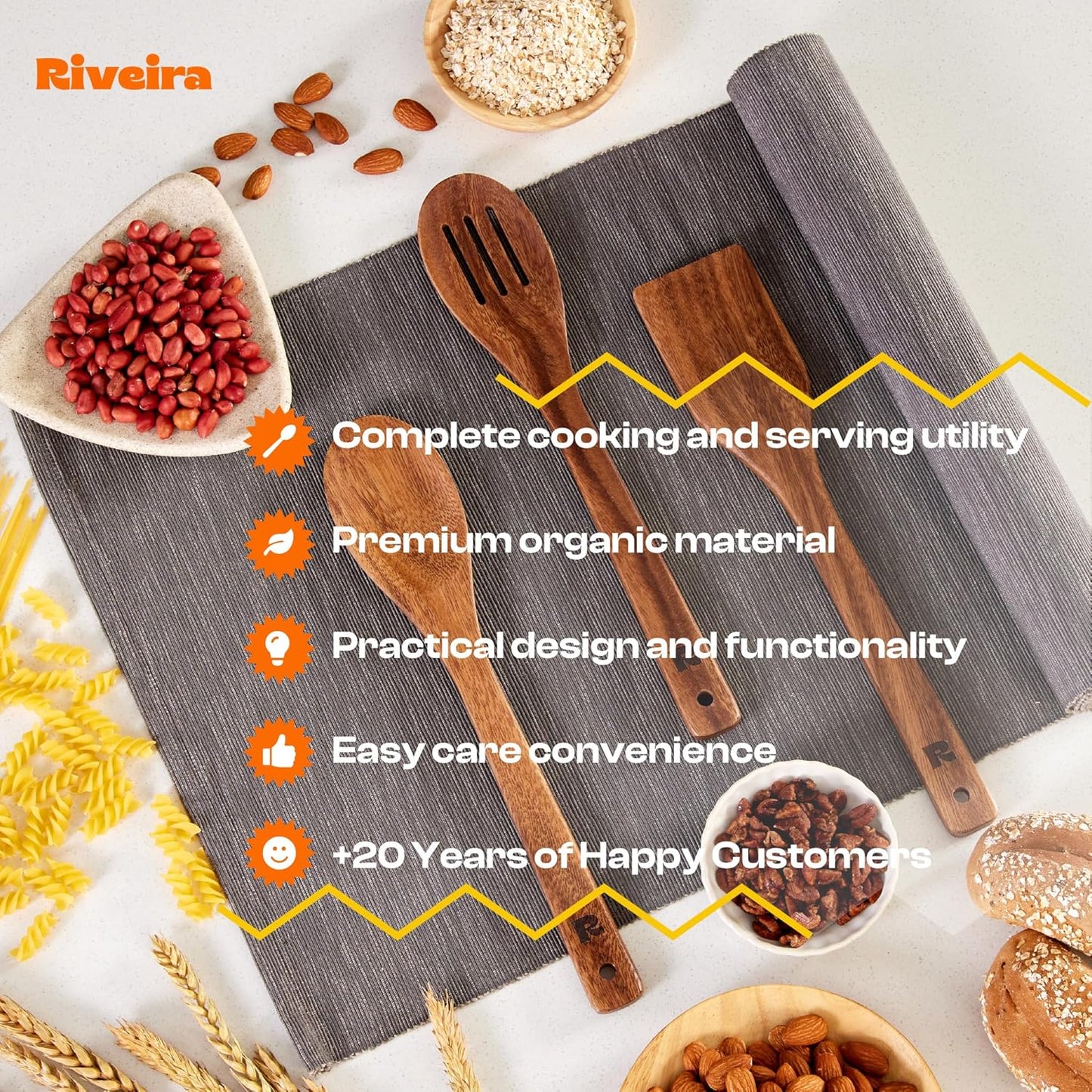 Riveira Walnut Wooden Spoons for Cooking Set of 3 – Natural Walnut Wooden Cooking Utensils, Spatula, Spoon - Premium Quality Utensil Set for Non-Toxic Cooking