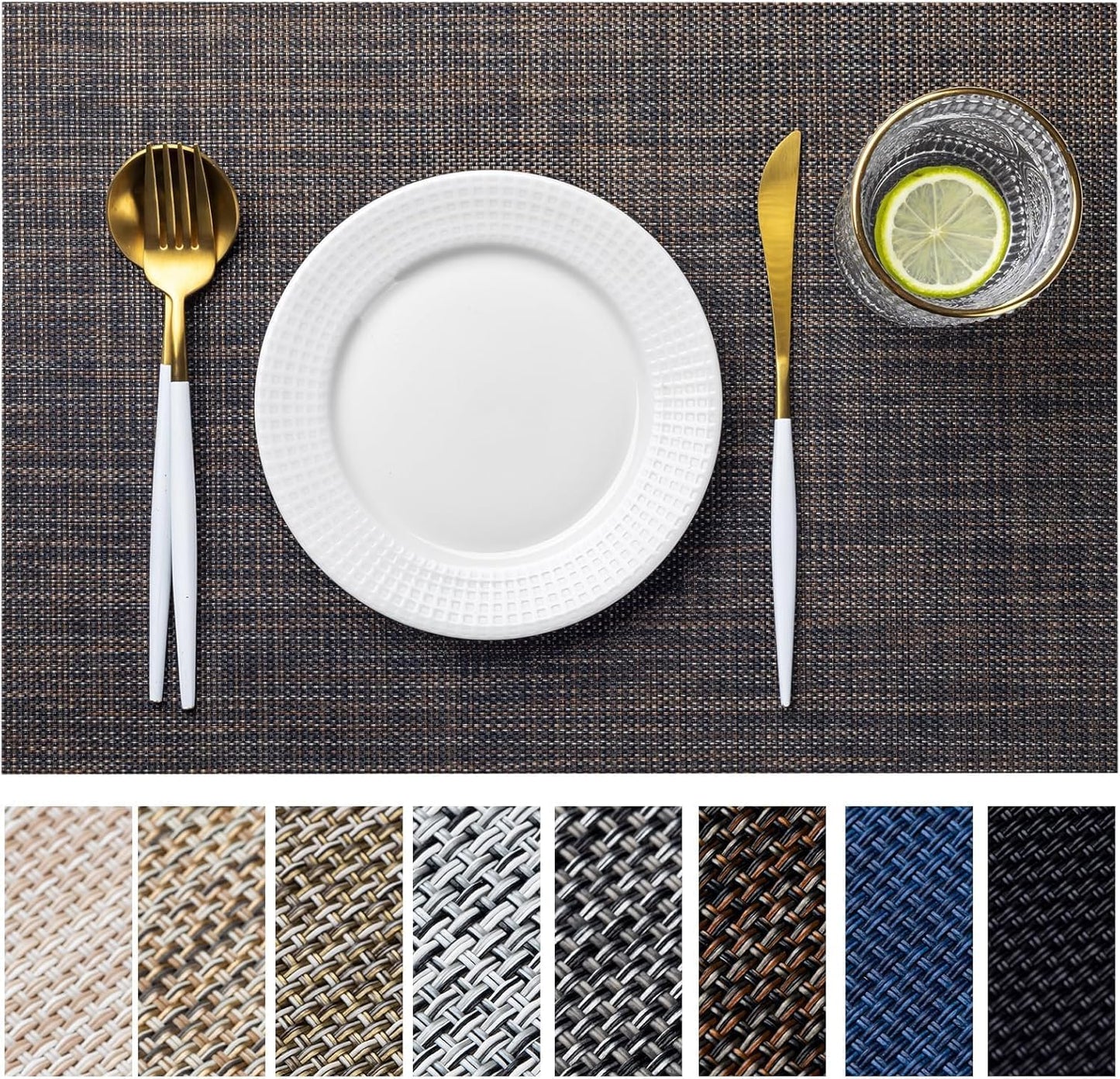 LEXMORE Placemats Set of 6 Vinyl/Plastic Woven Place Mats for Kitchen Table Indoor/Outdoor Washable Placemat Wipeable Dining Table Mats(A-Black/Brown)