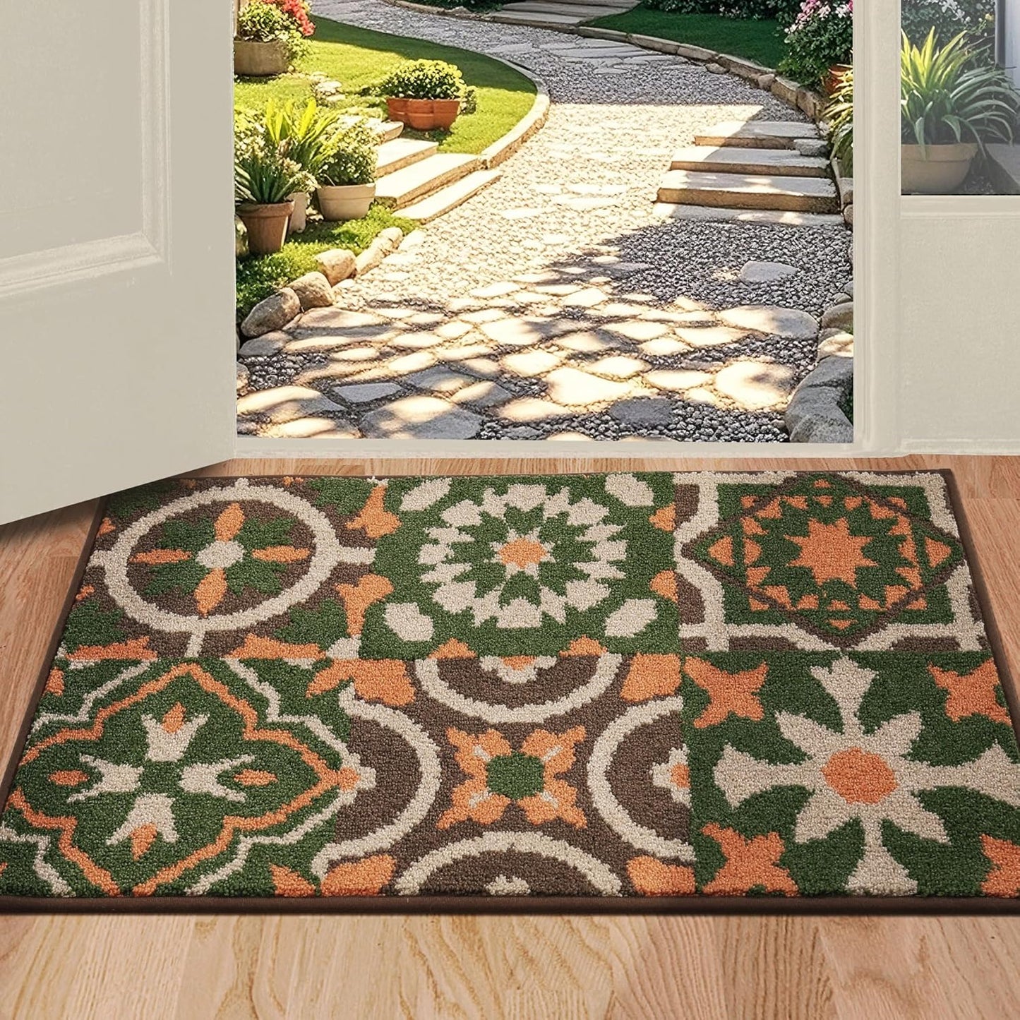 BEQHAUSE Dirt Trapper Door Mat 24" x 36", Non-Slip Entryway Rugs Washable, Floor Mat Stain Resistant and Absorbent Welcome Mat for Front Back Door, Muddy Wet Shoes & Paws, Boho Geometric Floral
