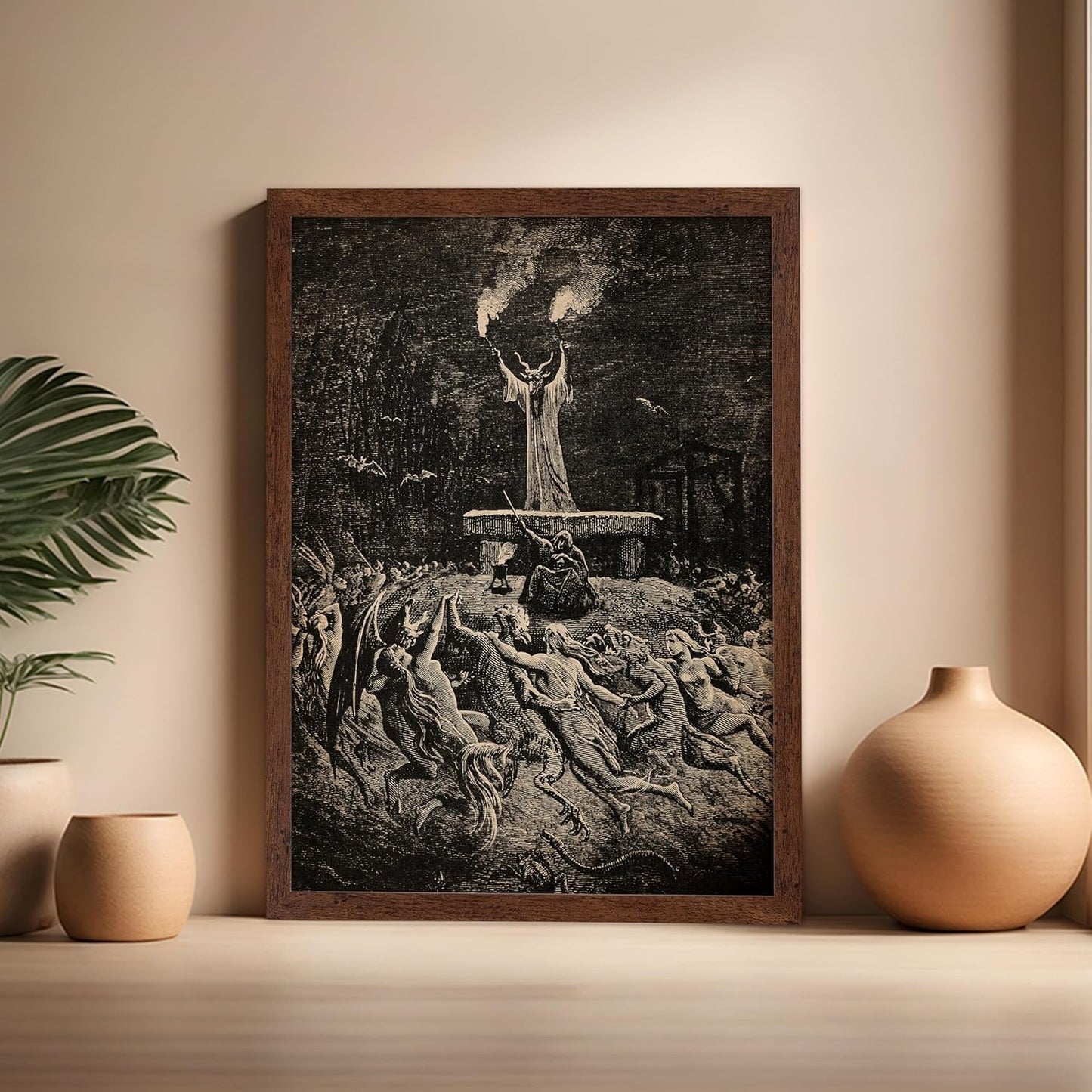 Poster Master Vintage Gustave Dore Poster - Retro Illustration Print - Gift for Gothic, Horror Fan - Dance of Sabbath, Witch, Magic, Spell - Wall Decor for Bedroom, Dorm, 16x20 Brown Framed