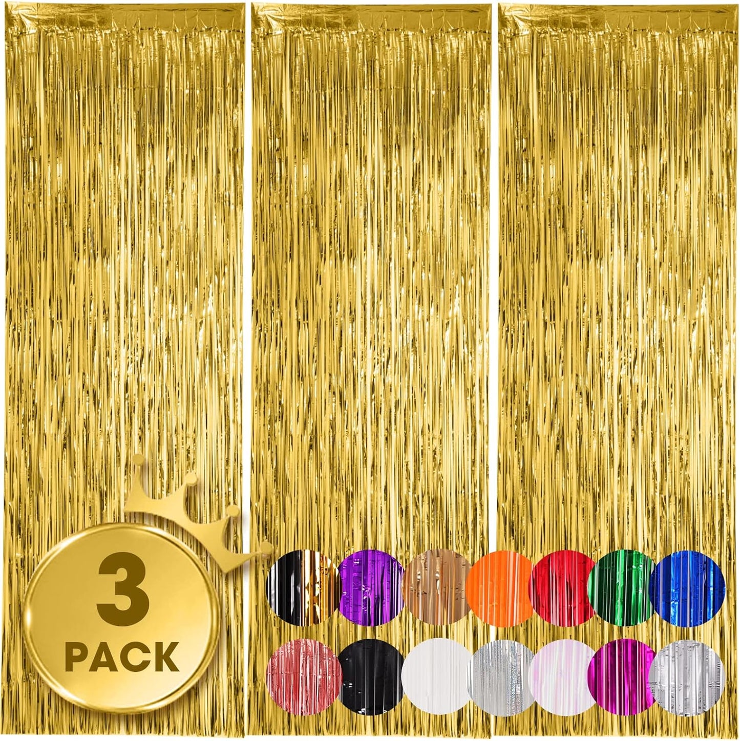 3 Pack 3.3x8.2 Feet Gold Foil Fringe Backdrop Curtains, Tinsel Streamers, Fringe Backdrop for 2025 New Years Eve, Graduation, Birthday, Baby Shower, Gender Reveal, Disco Party