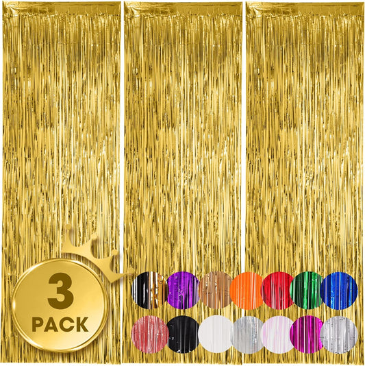 3 Pack 3.3x8.2 Feet Gold Foil Fringe Backdrop Curtains, Tinsel Streamers, Fringe Backdrop for 2025 New Years Eve, Graduation, Birthday, Baby Shower, Gender Reveal, Disco Party