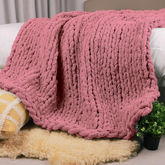 Carriediosa Chunky Knit Throw Blanket 60" X 80" Twin, 100% Hand Made Large Chenille Loop Yarn Soft Fluffy Throws for Couch Sofa Bed, Big Crochet Cozy Heavy Thick Cable Woven Blanket, Mauve