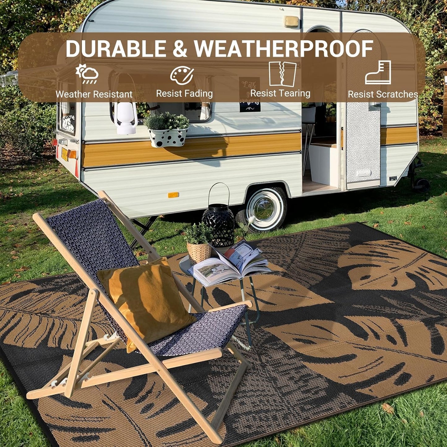 GAOMON Outdoor Rug Waterproof 9x12 Outdoor Plastic Straw Rug for Patio, Reversible Modern Camping Mat with Bag & Stakes, UV Resistant & Easy to Clean Carpet for RV, Deck, Balcony, Porch, Brown
